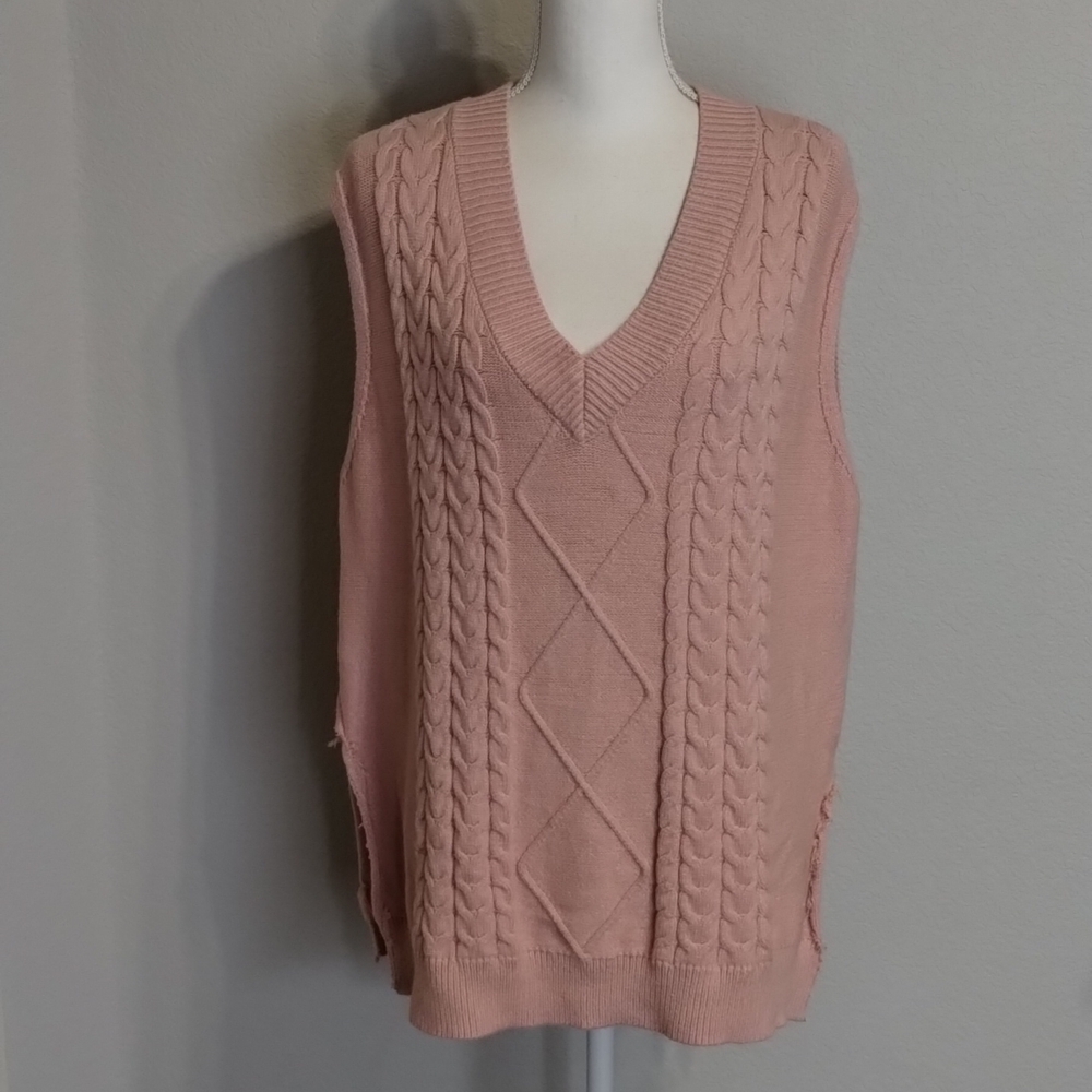 Pale Pink Cable Knit Sweater Vest Distressed Oversized unbranded